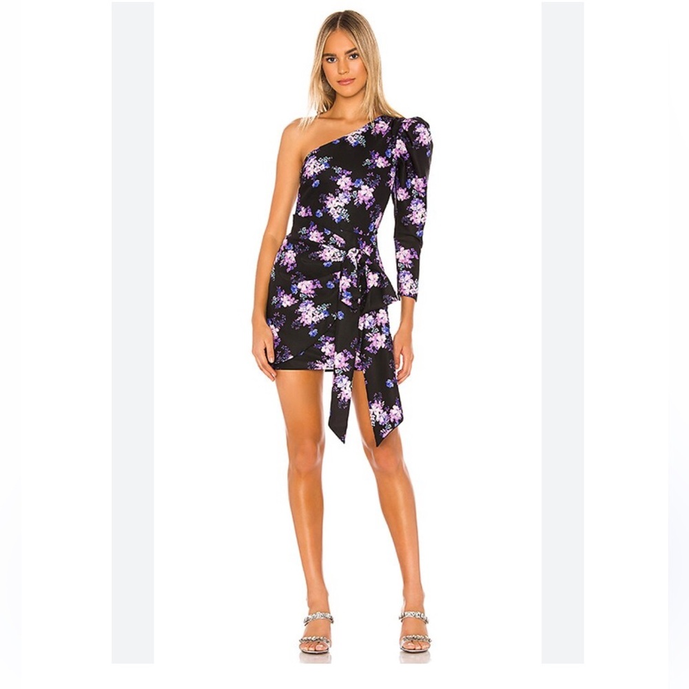 NWT Lovers and Friends Black Purple Floral Sullie Dress One Sleeve Sz S